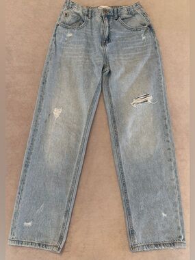 Zara Girls Mom Fit Jeans Size 13-14 Light Wash Distressed Denim Adjustable Waist